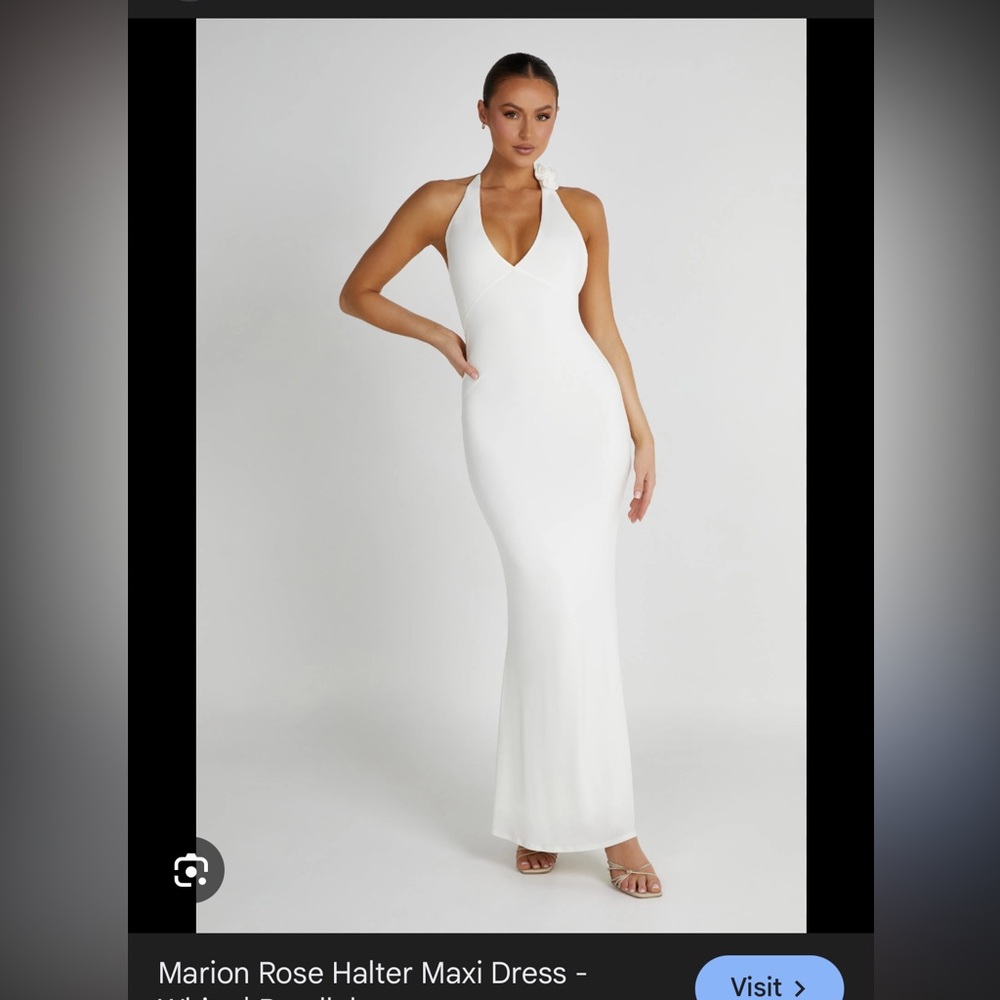 Meshki White Halter Maxi Dress with Rose Detaild